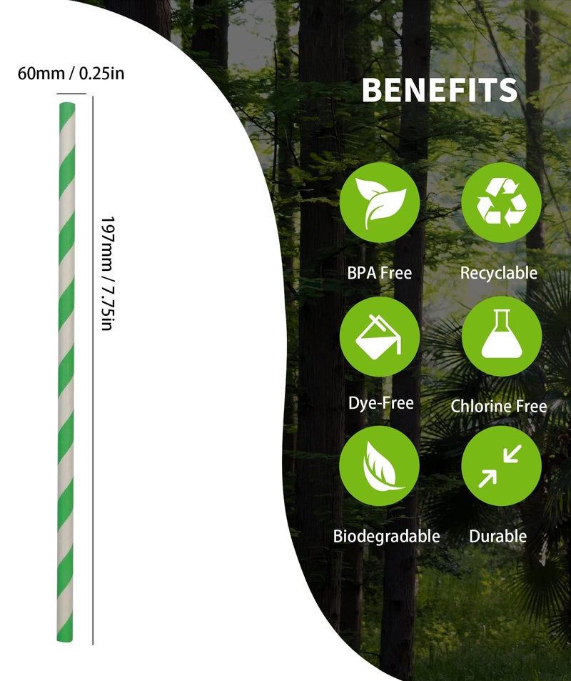 BOFA Eco Tableware Environment Green White Paper Drinking Straws Bulk 100, Disposable Green Striped Straws with Kraft Box Packing Coktail Straw for Holiday Use Juice Patener - Image 3